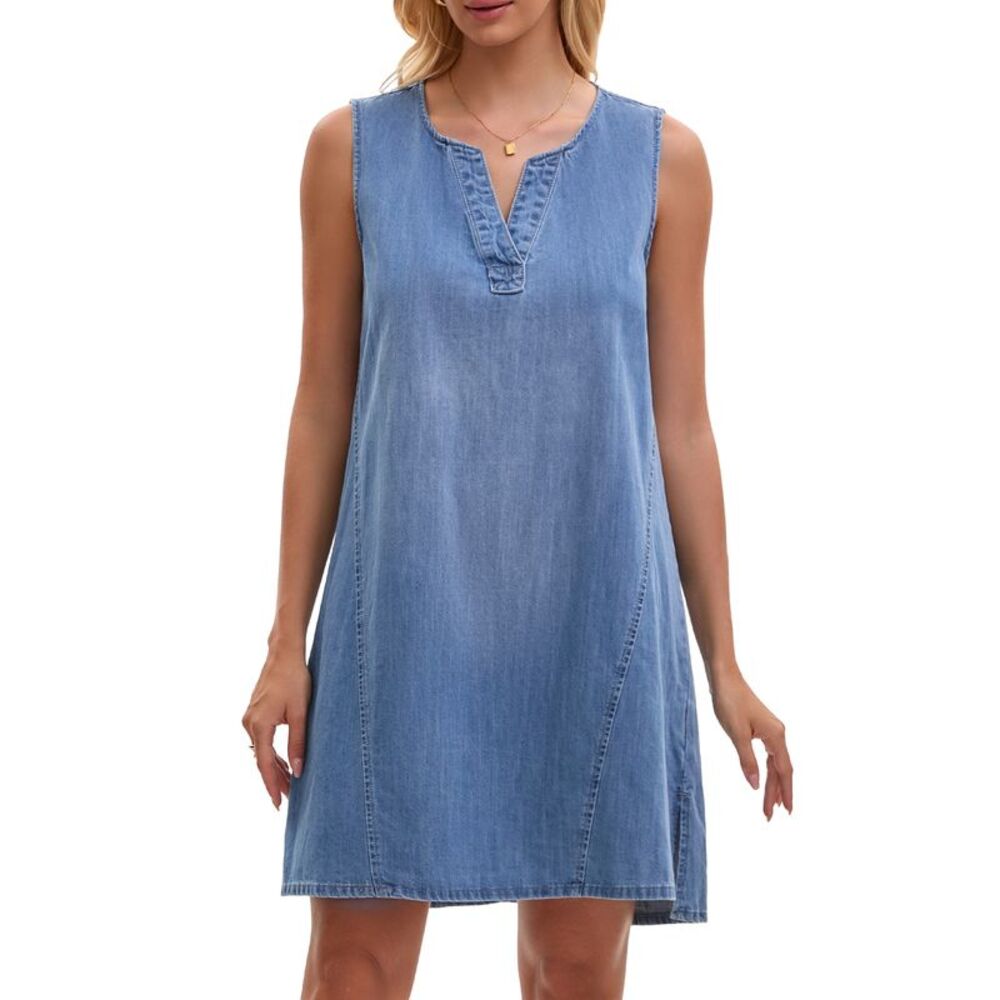 Women's Sleeveless Denim Dress Knee Length Casual Tunic Jean Dress Blue